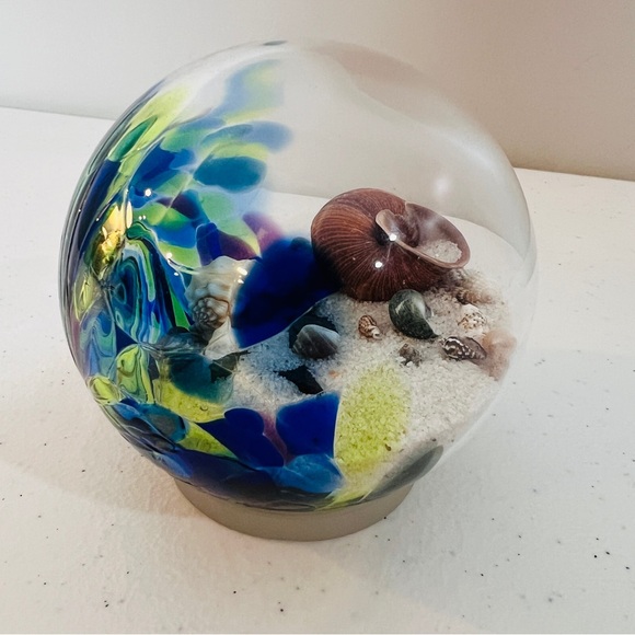 Glass Eye Studio Hand Blown Glass Sphere with Florida Sand & Shells Paperweight - Picture 2 of 8
